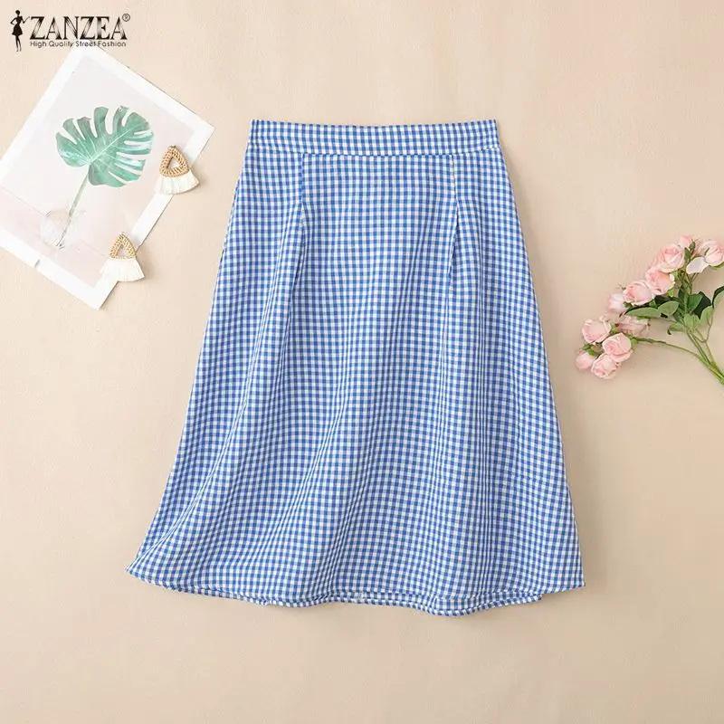 2026 ZANZEA Women Summer Work OL Skirts Casual Elastic Waist Plaid Midi Skirt Holiday Faldas Saia Stylish Elegant A-line Jupes