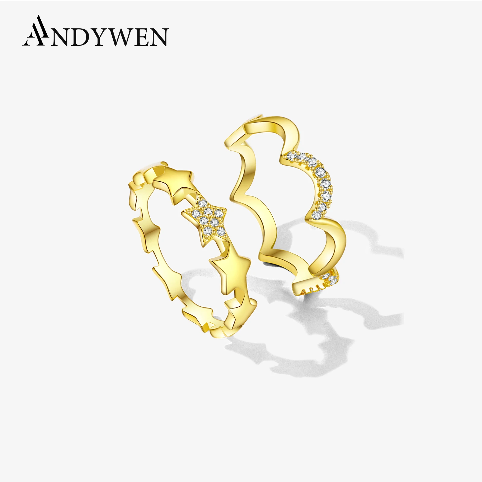 ANDYWEN 925 Sterling Silver Luna o Stella Zircone CZ Anello Serie Impilato Indossare Dainty Party Casual Adatto Regalo di Gioielli da Donna