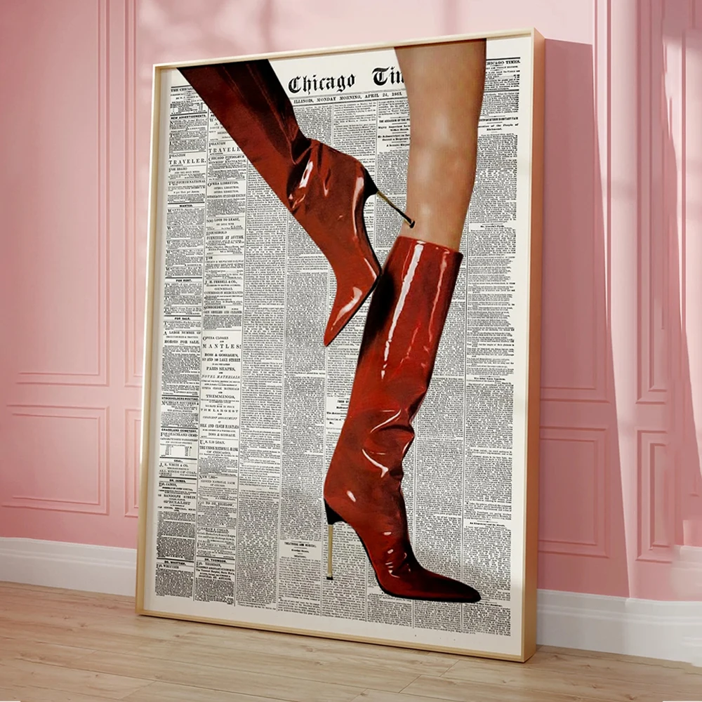 

Современные ретро-постеры с изображением газетных красных ботинок и модных леопардовых ботинок, винтажные картины на холсте для декора гостиной и дома