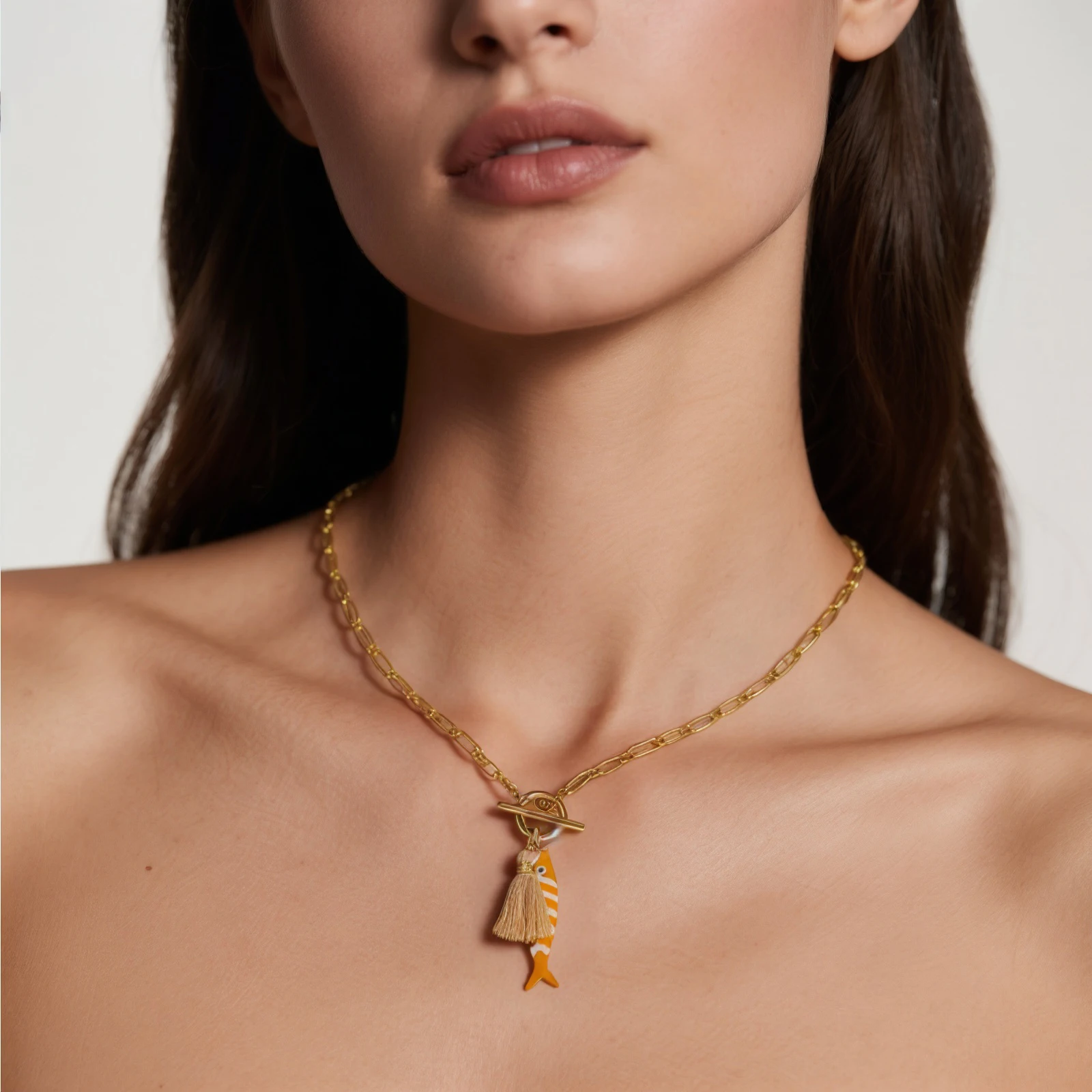 Double-sided Enamel Fish Pendant Charm Necklace 18K Gold Plated 304 Stainless Steel Paperclip Link Chain Tassel Ocean Jewelry