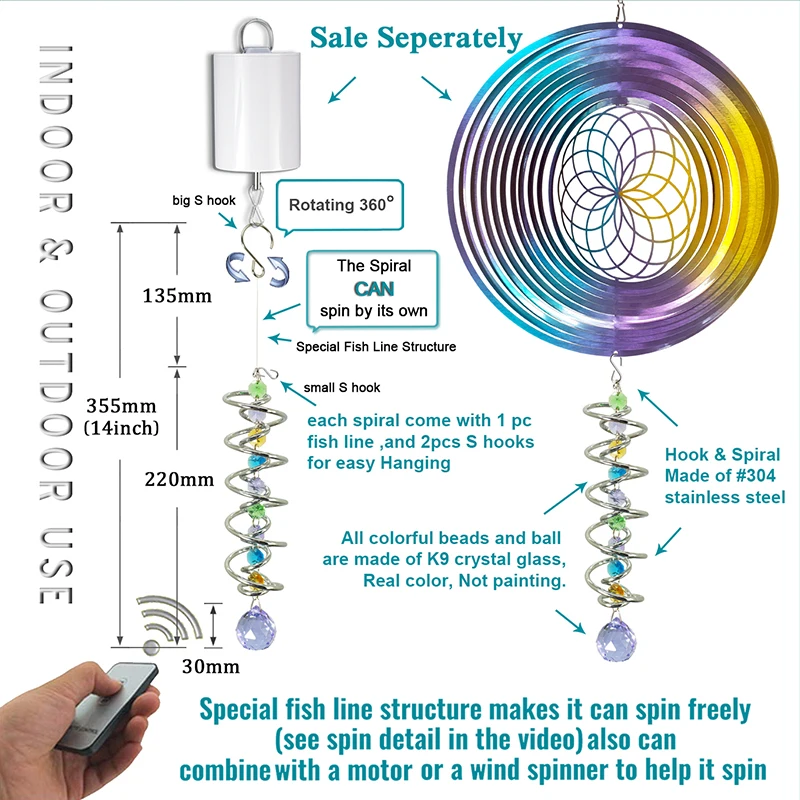 THEYUFA Gazing Ball Spiral Tail, 14 Inch Double Spiral Wind Spinner Sun Catcher, Purple Crystal Ball Pendant for Outdoor Garden