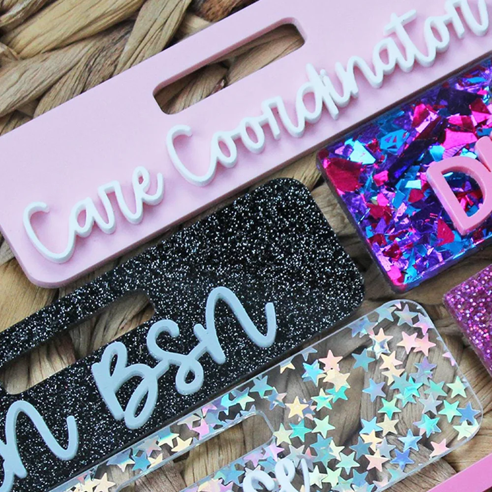 Custom engraved acrylic name plates and badges, modern style personalized business card holders with shiny jackets, suitable for