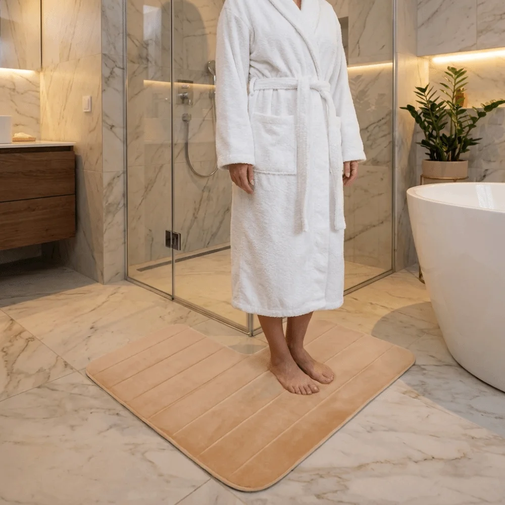 Coral Velvet L-Shaped Bathroom Floor Mat Striped Right Angle Shower Room Mat Wear-Resisting Non-Slip Doormat Kitchen