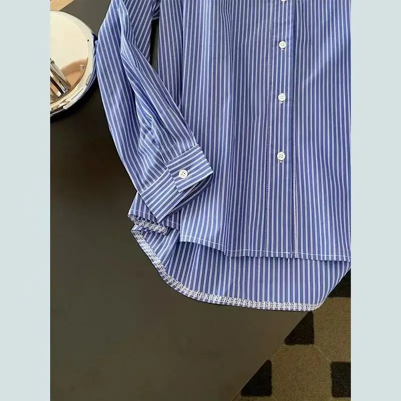 2025 bleu rayé dentelle bord col en V boutonné chemises femmes chemises à manches longues Camisas De Mujer printemps mode coréenne chemise décontractée