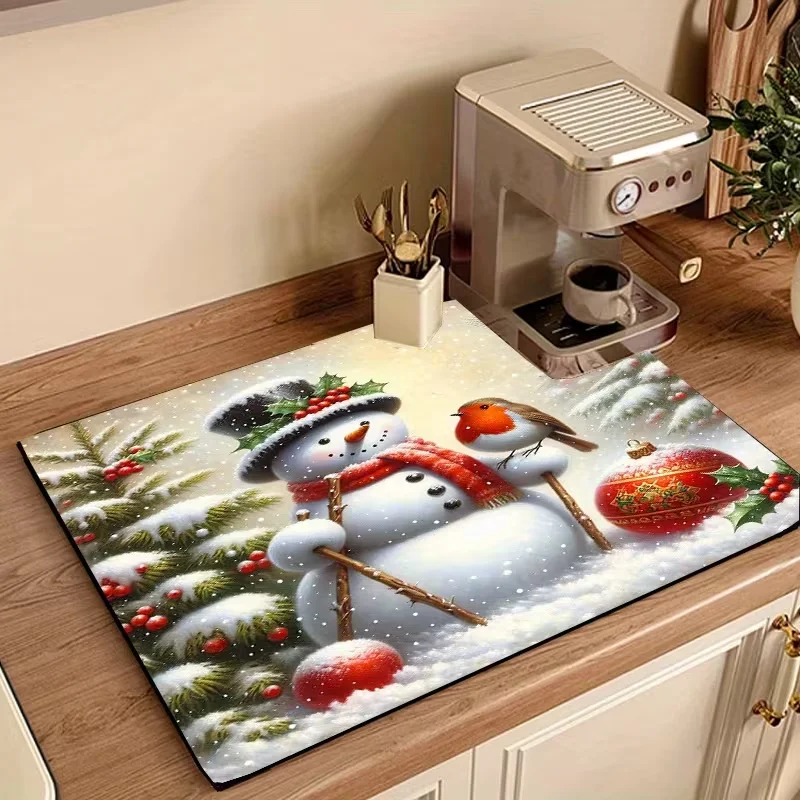 Vintage Christmas Snowman Robin Print Coffee Station Pad Festive Countertop Mat For Espresso Machine Cups Kitchen Xmas Decor