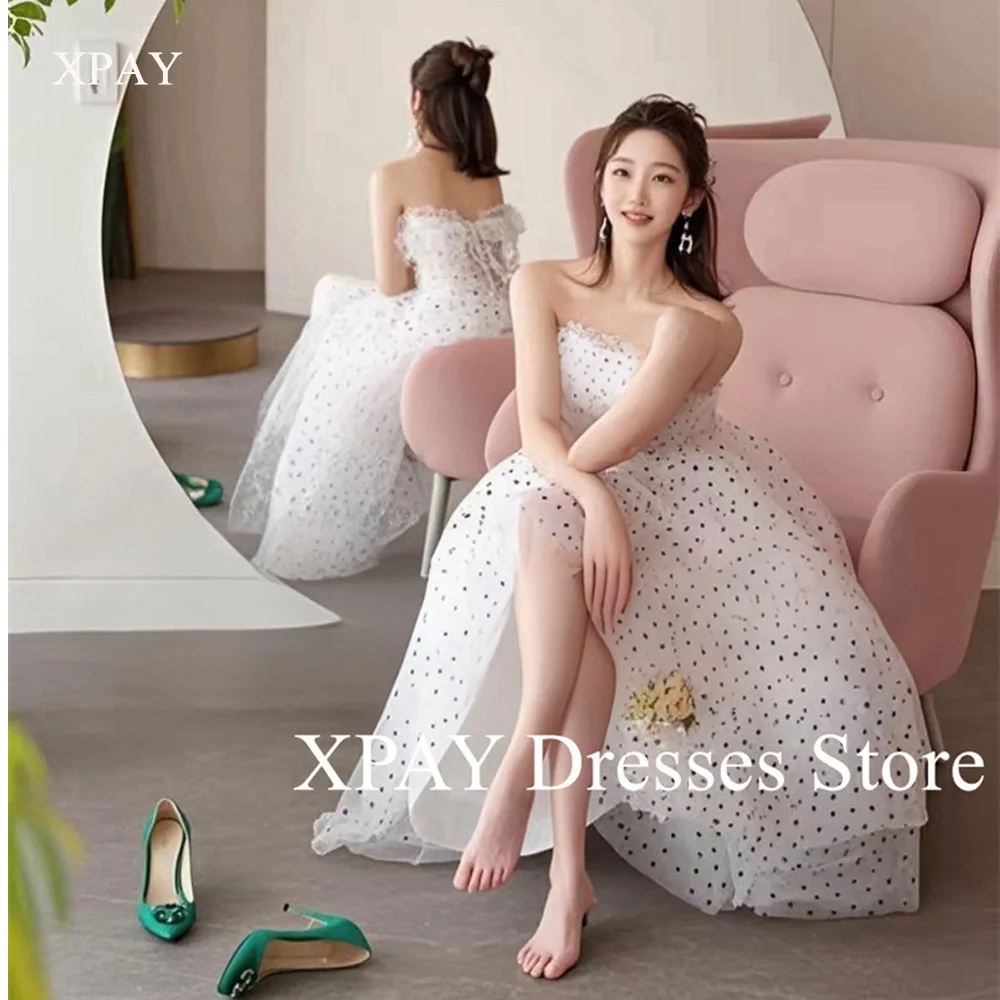 

XPAY Fairy White Tulle Wedding Dresses Korea Photo shoot Black Dotted Foor Bride Party Gowns Corset Customized Evening Dress