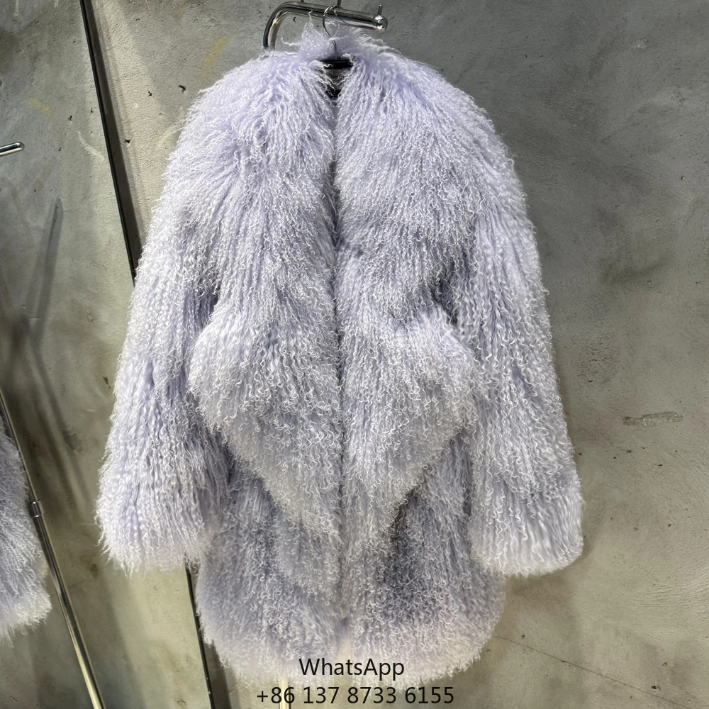 

Пальто из натурального овечьего меха с большим воротником, зимнее, длинное, пушистое, женское, лавандового цвета