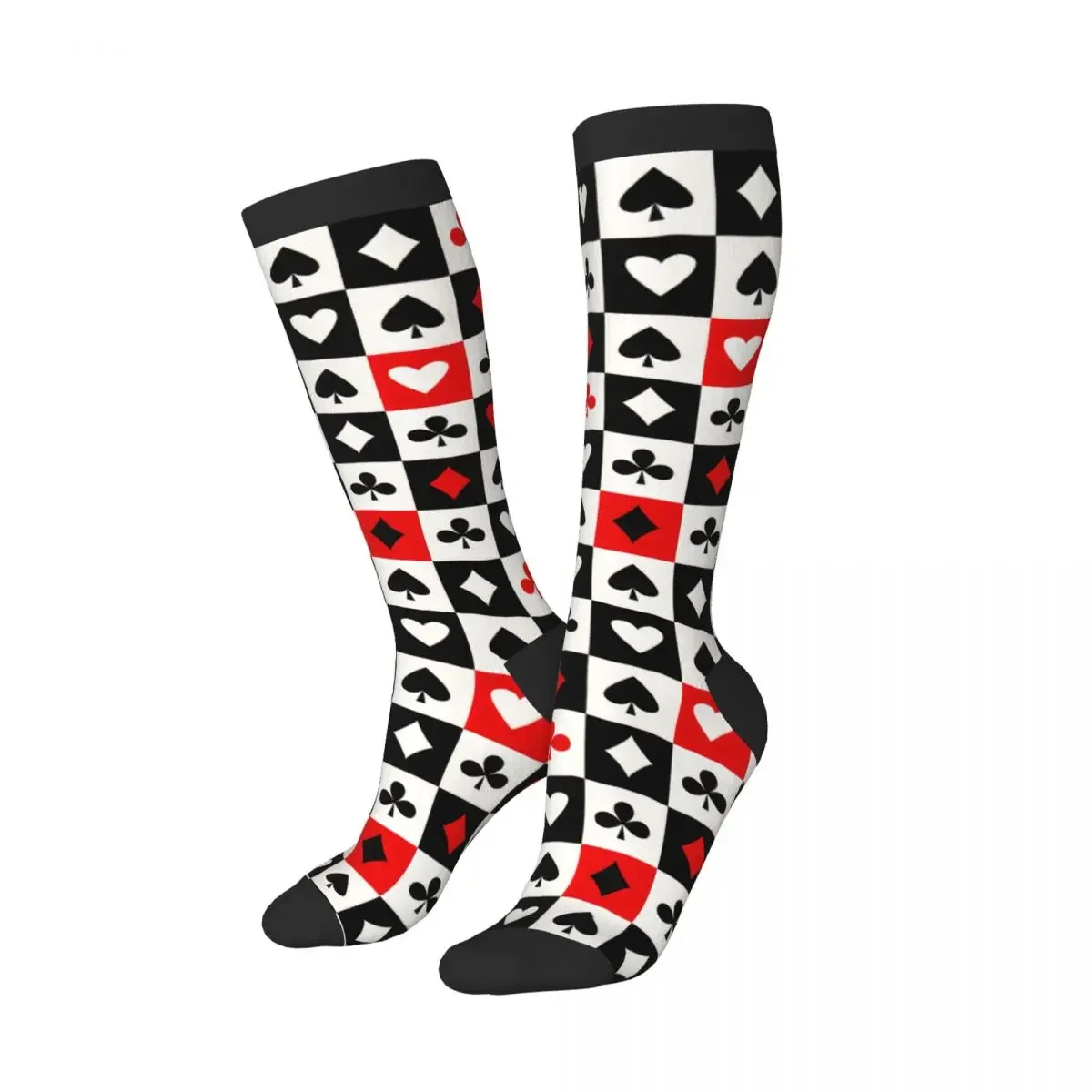 1 Pack Red Black Poker Square Plaid Checkerboard Heart Geometric Playing Cards Over-knee Long Socks Middle High School Socks