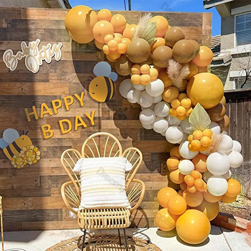 

97pcs Happy Bee Day Balloon Garland Arch Kit Mustard Yellow Caramel Beige Nude Balloons Gender Reveal Kid Birthday Wedding Decor