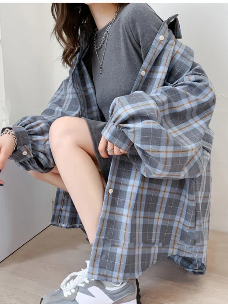 2024 New Autumn Fashion Plaid Women Shirt Fashion Korean Oversize Tops Harajuku Daily All-match Long Sleeve Chic Female Shirts