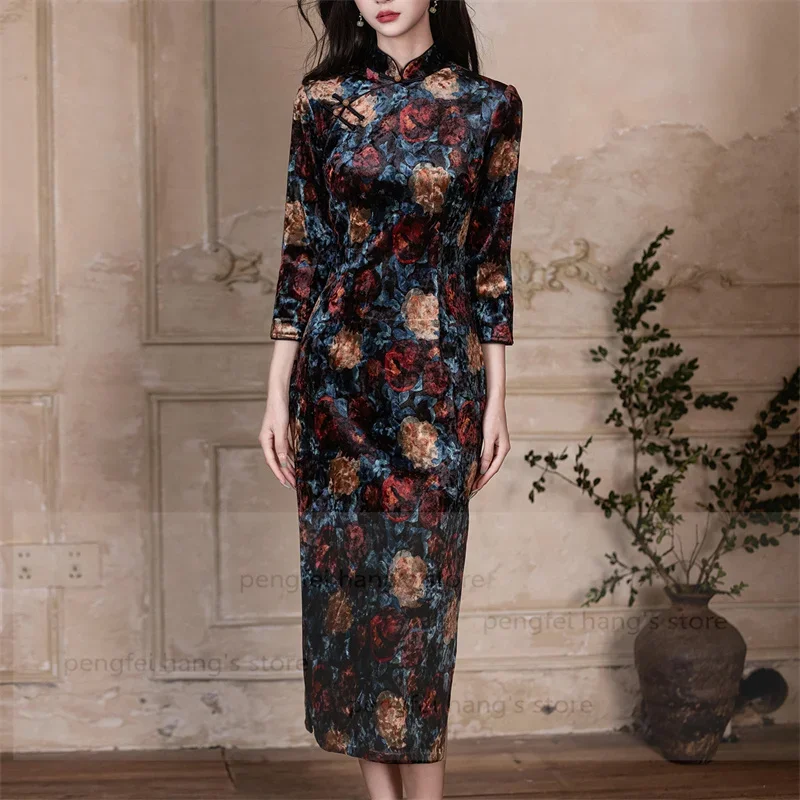 

Chesongam с цветочным принтом, женское сексуальное облегающее банкетное Ципао, осеннее бархатное новое платье в китайском стиле, костюм ханьфу, сексуальные платья