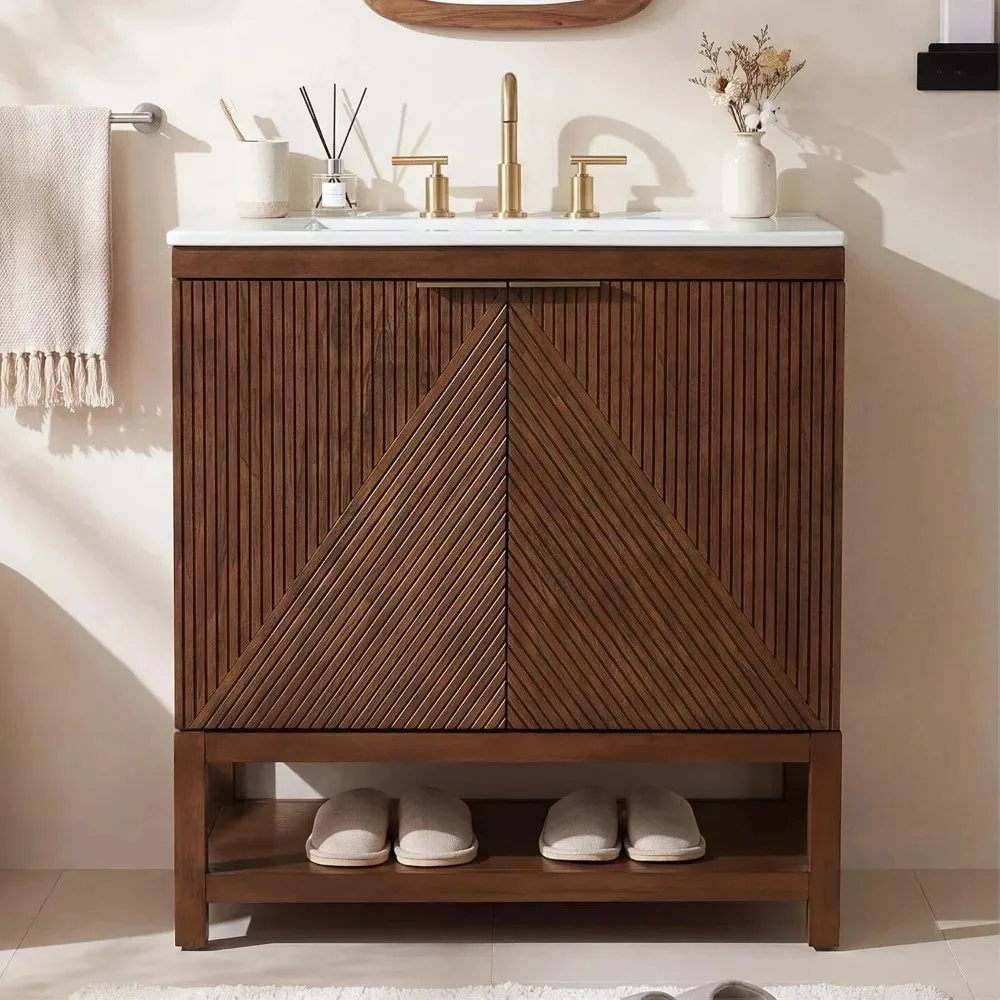30 Inch Bathroom Vanity with Sink, Farmhouse Fluted Design Door & Open Shelf, Freestanding Bath Storage Cabinet, Solid Wood