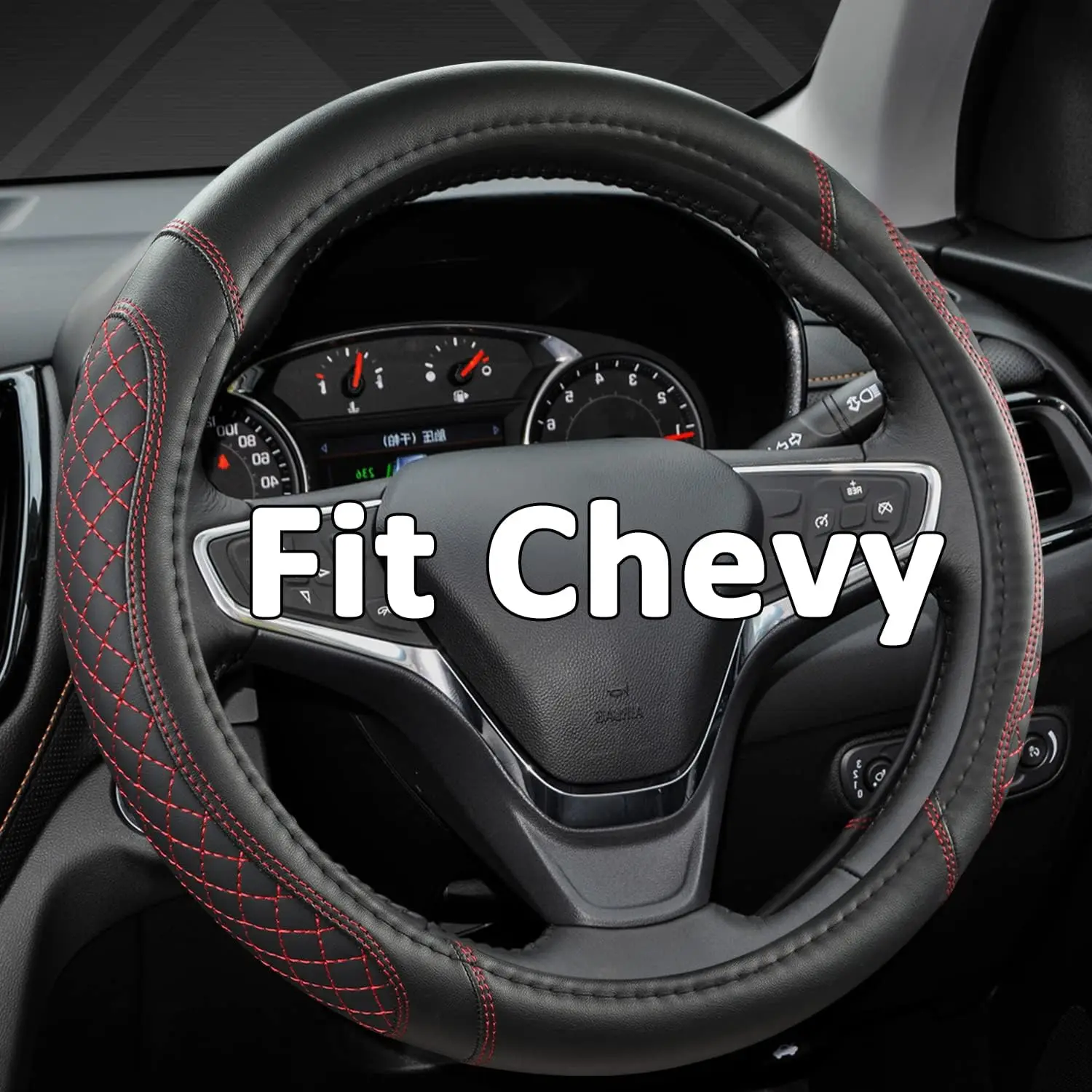 

Custom Car Steering Wheel Cover for Chevy Models, Diamond Quilted Black and Red, Standard Size