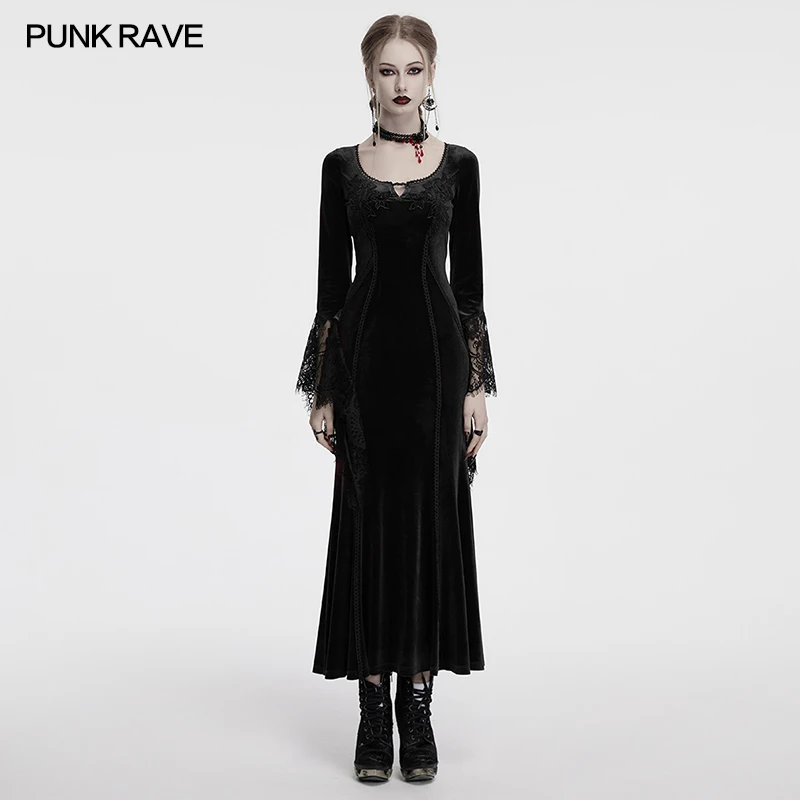 PUNK RAVE Abito da donna in velluto di alta qualità con taglio liscio gotico Elegante Party Club Beauty Polsini in pizzo Abiti lunghi Due colori