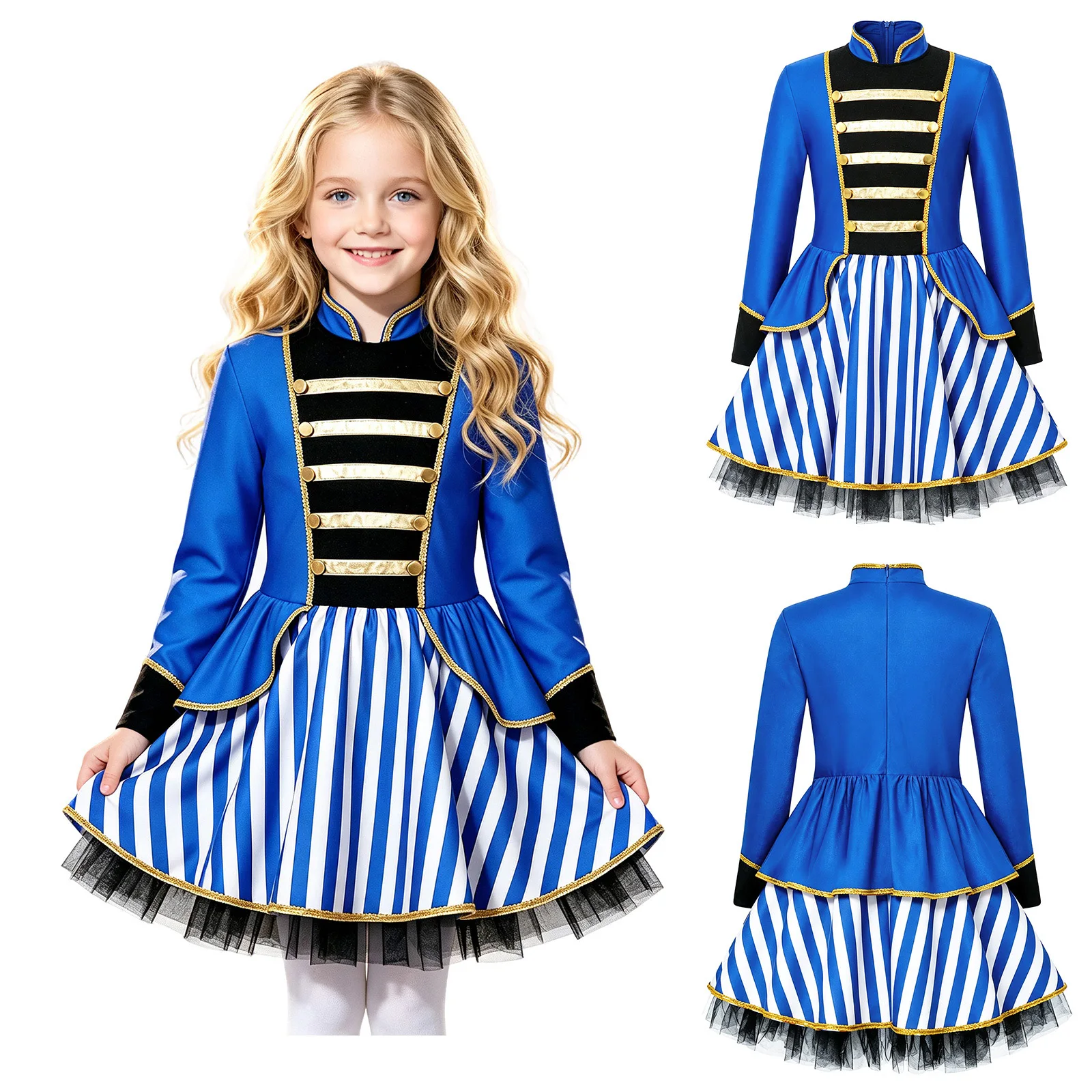 Kids Girls Halloween Circus Ringmaster Cosplay Costume Long Sleeve Zipper Striped Tutu Dress for Christmas Carnival Theme Party