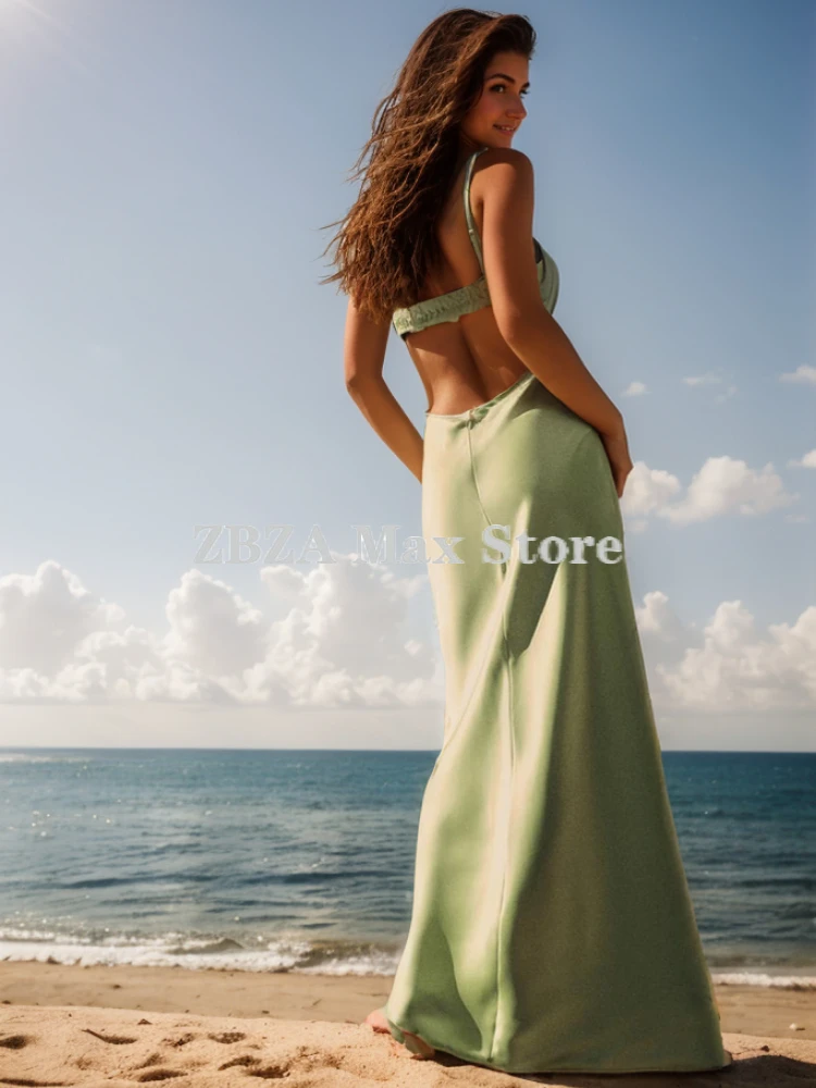 Donna Raso effetto midi slip dress Scollo a V backless cinghie di spaghetti regolabili Senza maniche vita media dimagrante Zip nascosta canotta gonna lunga Estate Nuovo Abito femminile Chic