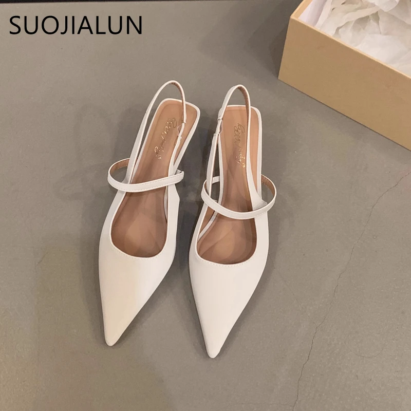 SUOJIALUN 2024 Spring New Brand Women Sandal Fashion Pointed Toe Shallow Slip On Slingback Shoes Thin Med Heel Outdoor Dress Mu