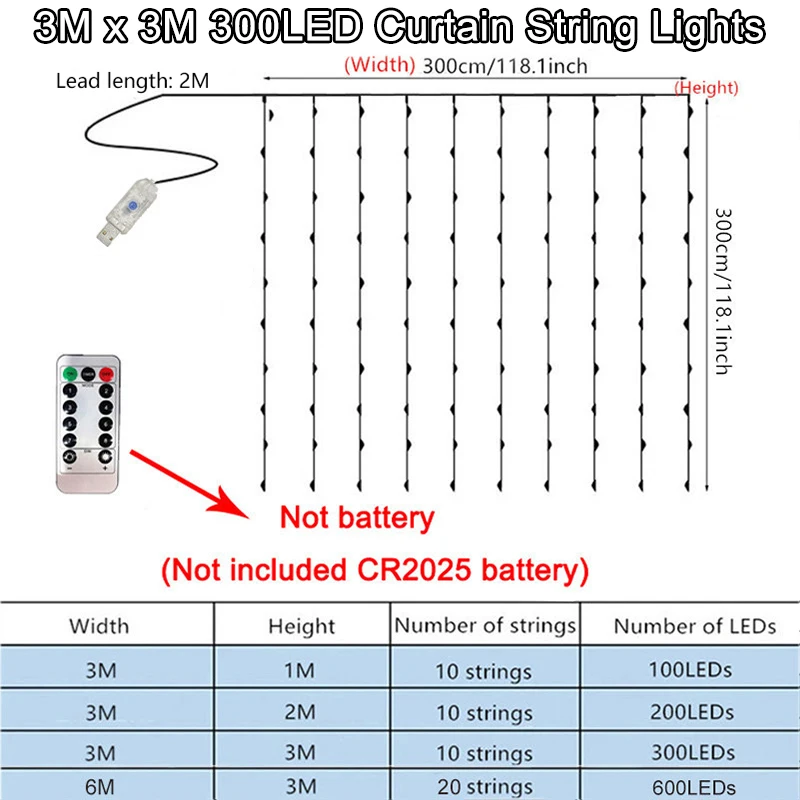 USB Plug Curtain LED String Lights 8 Modes Remote Control Holiday Wedding Fairy Garland Lights For Bedroom Living Room Decor