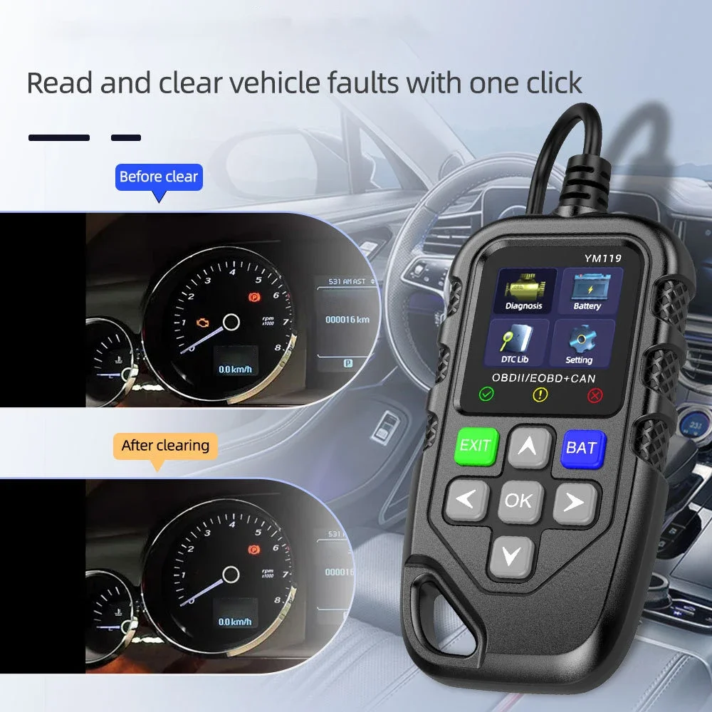 

1 шт., инструмент для диагностического ремонта автомобиля YM119 OBDII, сканер для считывания кодов, работающий для всех автомобилей, многоязычная информация о транспортном средстве