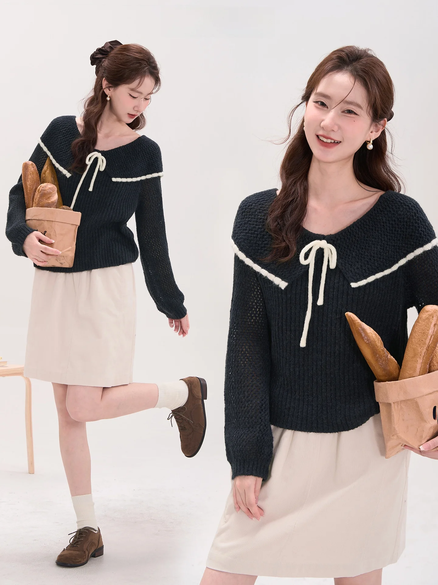 

Floral Field Window Heme Seasonal Breeze Letter One oulder Turn-down Collar Long Sve Knitted Sweater Women Sweet Butterf...