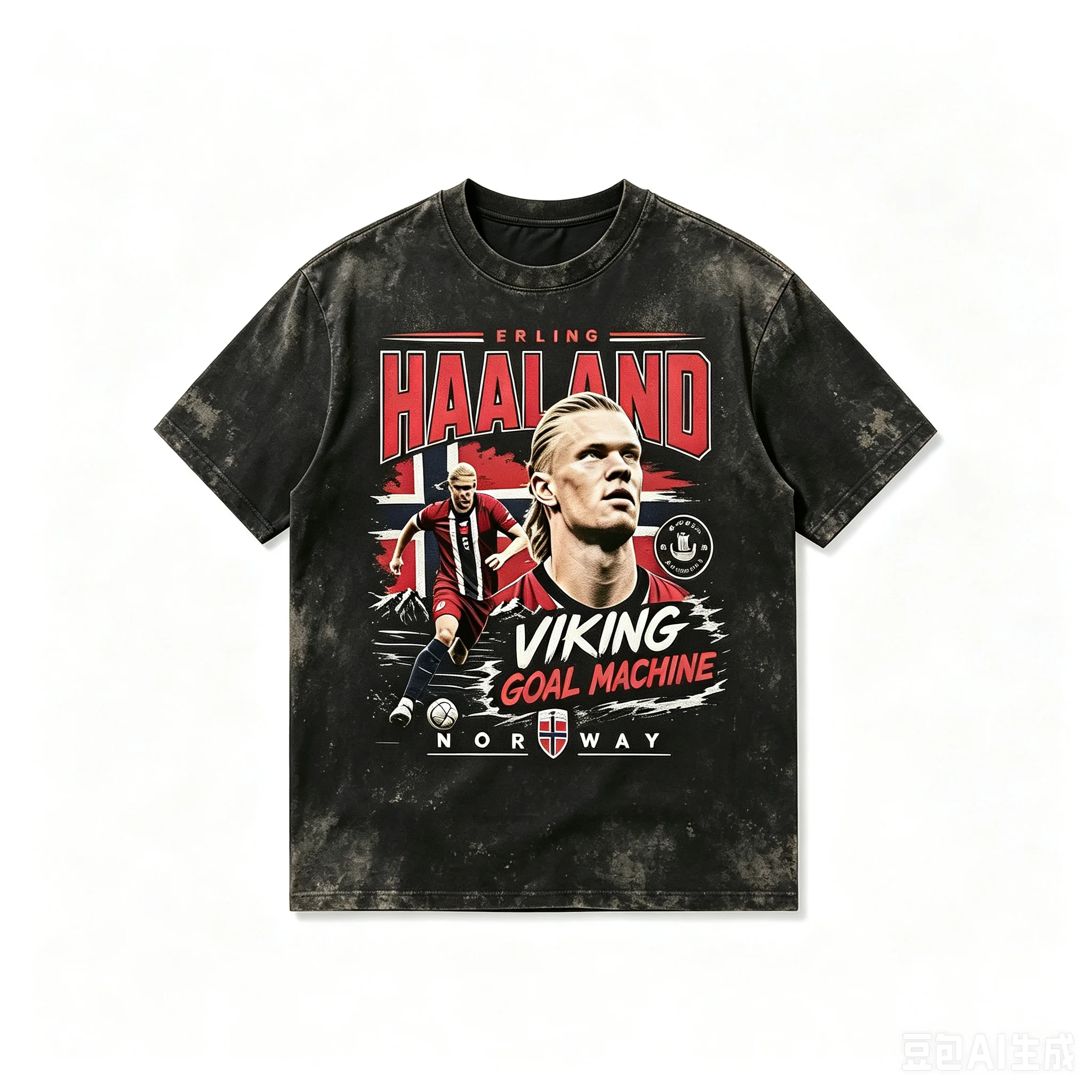 1pc Erling Haaland Norway Football Retro Portrait Printed T-shirt Vintage Washed Viking Goal Machine Streetwear Cotton Unisex