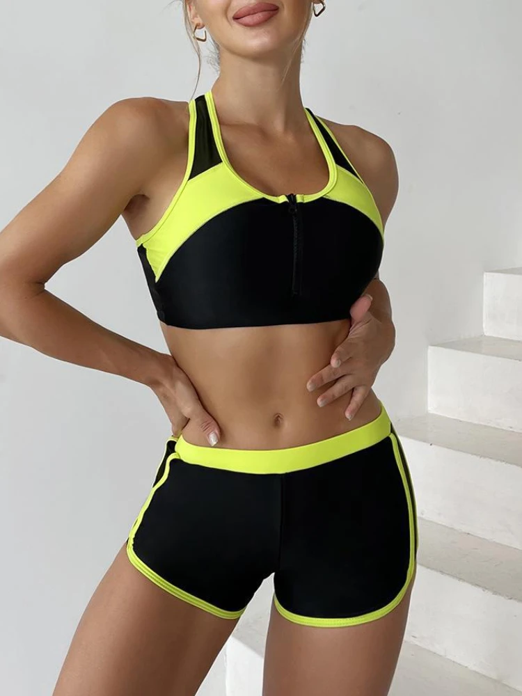 Zipper Swimwear Female Two Pieces Shorts Racerback Swimsuit Tankini Bodysuit 2023 New Sport Sets Women Beach Wear Swimming Suits