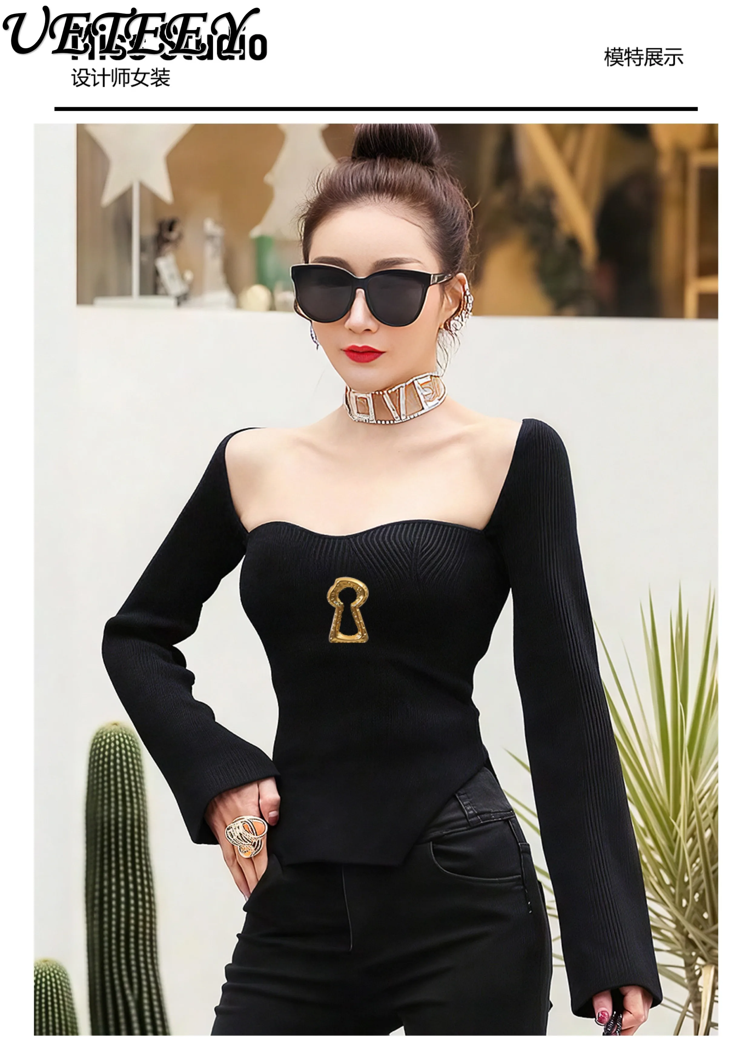 

Дизайнерский вязаный свитер с квадратным вырезом и длинными рукавами, нерегулярный черный пуловер Y2k, новинка зимы 2025, эластичные тонкие женские свитера