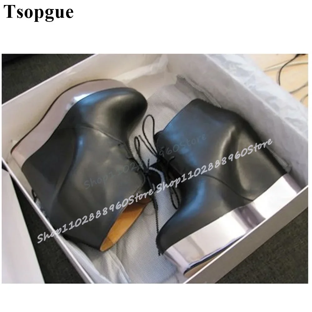 Schwarzes Leder, gespleißt, silberne Plateau-Pumps, Keilabsatz-Schuhe für Damen, Kreuzgebunden, runde Zehen, lässig, trendige Damen-Pumps