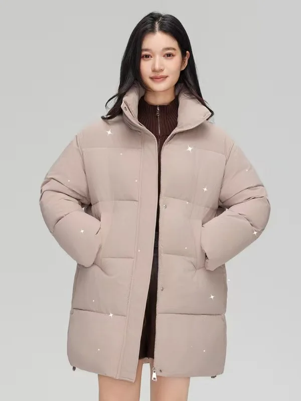 Winter Thiened Women's down Cotton Jaet Long Sve Zipper Closure Mid-Length Loose Fit Faionable Diamond Embellied Coat