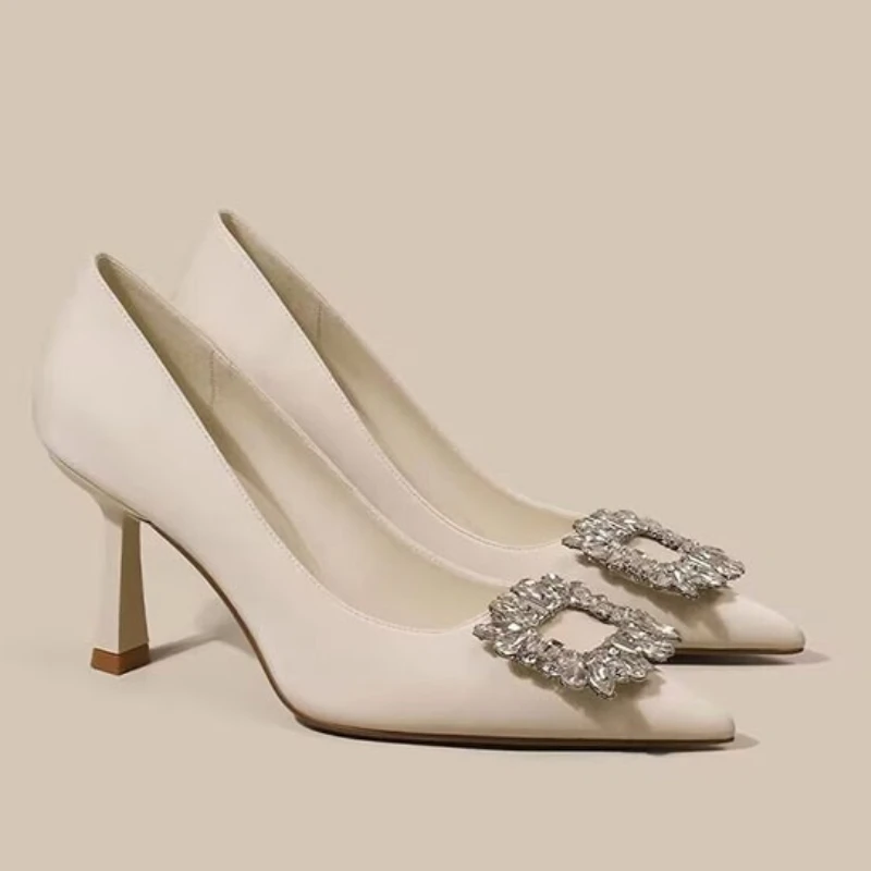2025 zapatos sencillos y elegantes a la moda para mujer, zapatos con diamantes de imitación a la moda, zapatos aterciopelados sólidos con punta en pico, tacones altos Ж Dön Оь