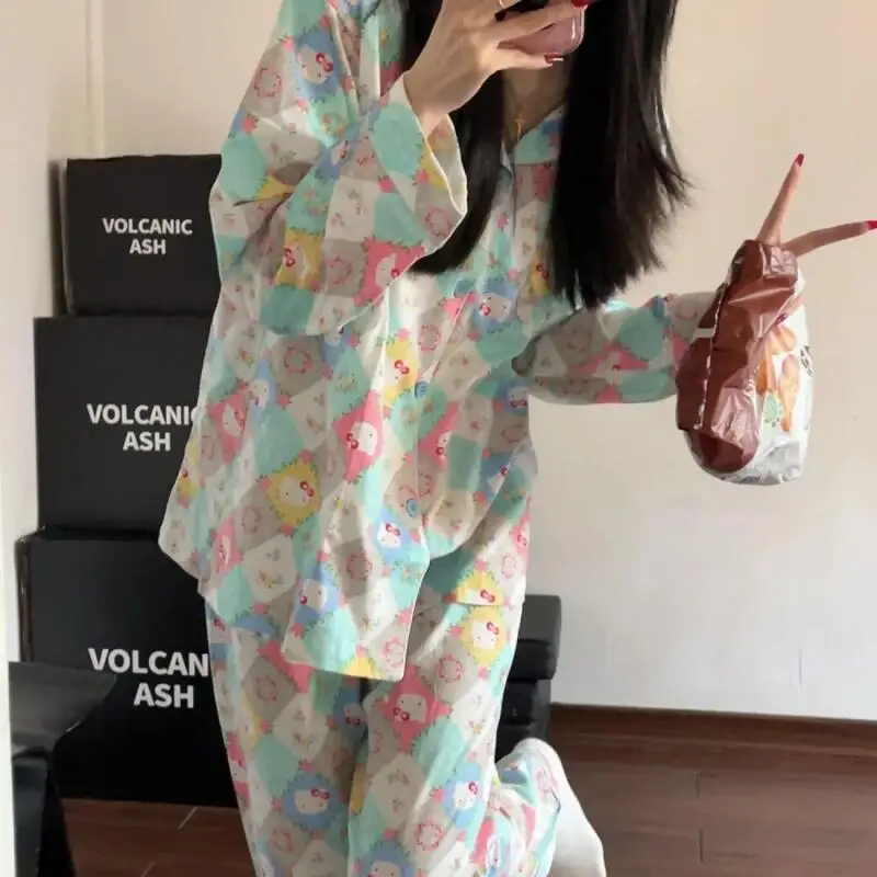 

Пижамы Sanrio, пижамы Hello Kitty с принтом, женские милые стильные весенне-осенние брюки с длинными рукавами, свободная домашняя одежда для отдыха, хит продаж