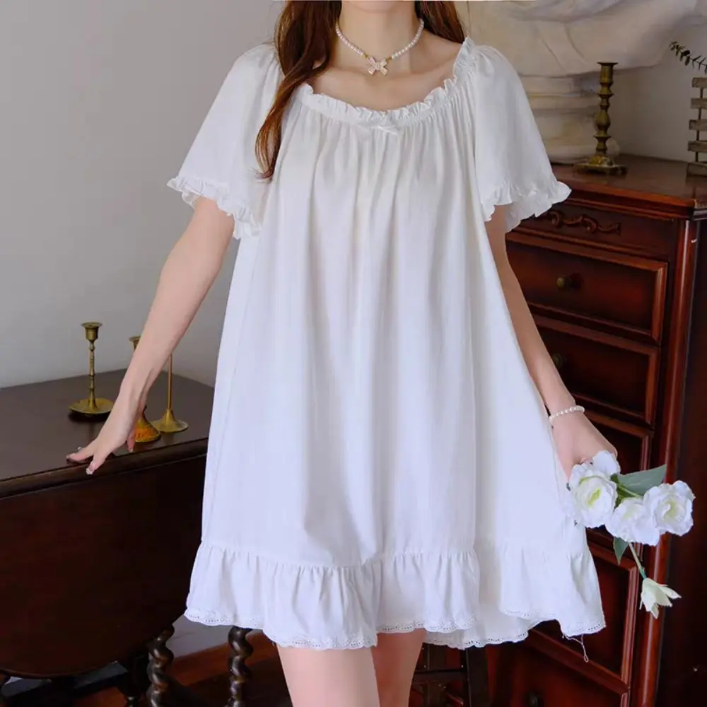 High Waist Bowknot Women's Pajama Dress Short Sleeve Home Wear Ruffle Nightdress Loose Sleepwear Princess Nightgown Female