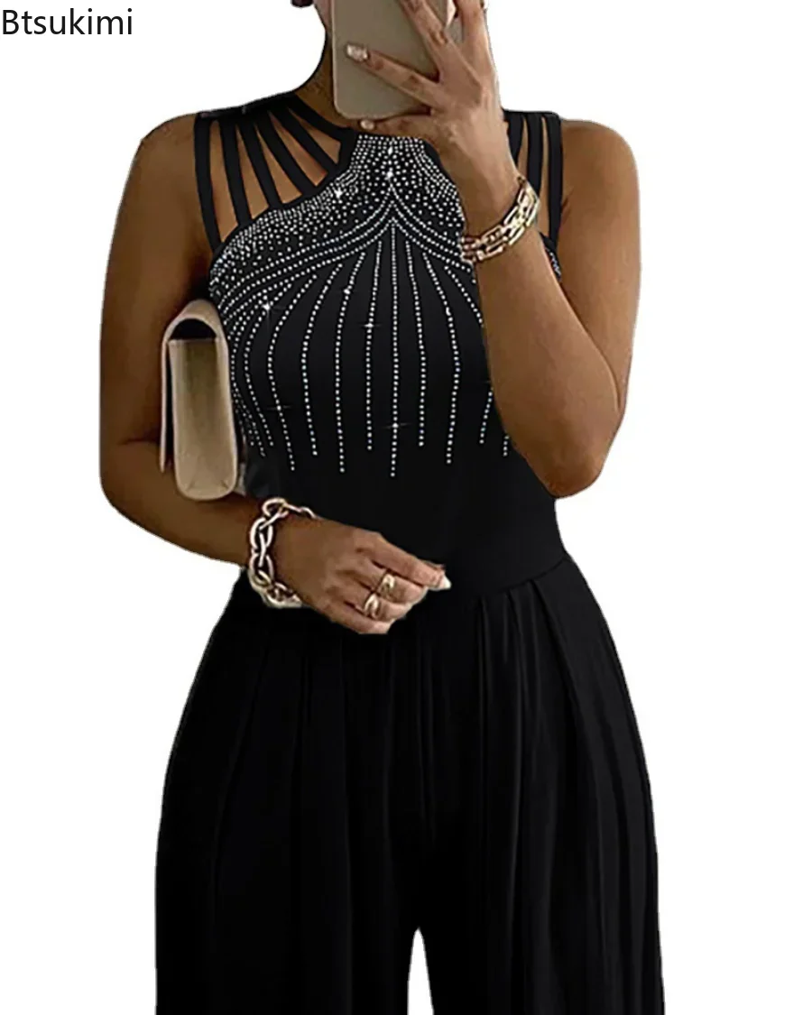 Plus Size 4XL 5XL Women Elegant Sleeveless Partywear Jumpsuits Formal Party Romper Studded Wide-leg Jumpsuit Overalls Female