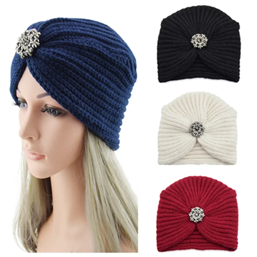 Bohemian Style Winter Woolen Flower Drill Belt Knitted Hat European and American  Women Turbans Cap