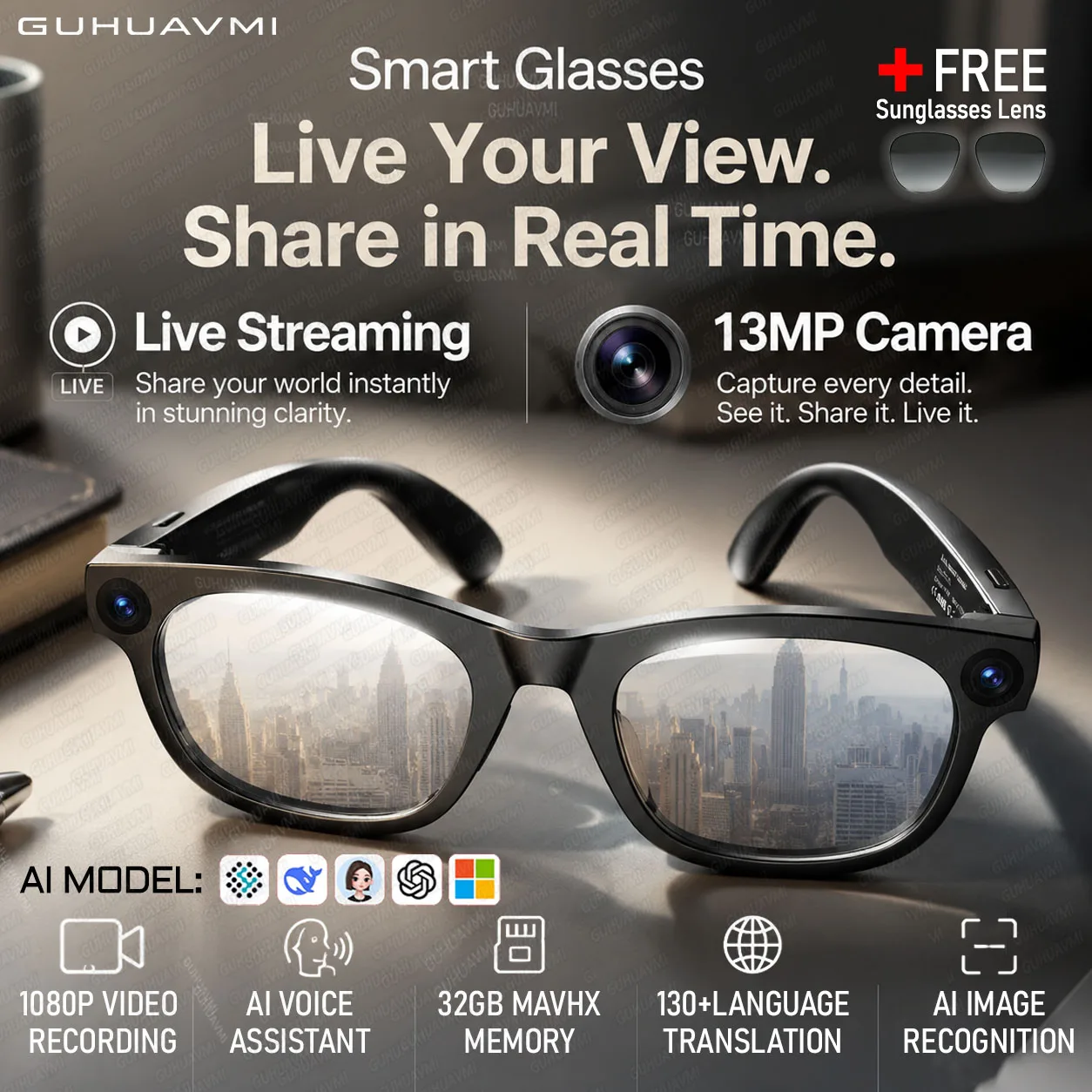 New Live Streaming Smart Glasses Men 13MP Camera  Photo&Video Recording GML5.2 32GB Memory 130+Translation UV Protection Glasses