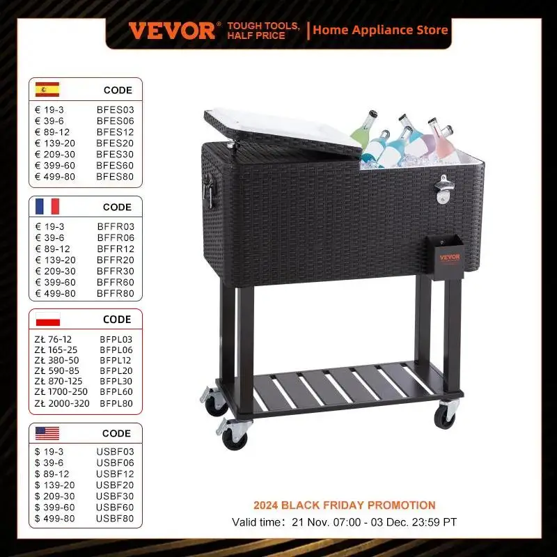 VEVOR Rolling Ice Chest Cooler Cart 80Qt, Portable Bar Drink Cooler, Beverage Bar Stand Up Cooler with Wheels, Bottle Opener