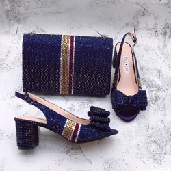 BS1707 Set di scarpe e borse italiane nigeriane africane da donna con strass a strisce blu navy scintillanti su misura di lusso BS1707