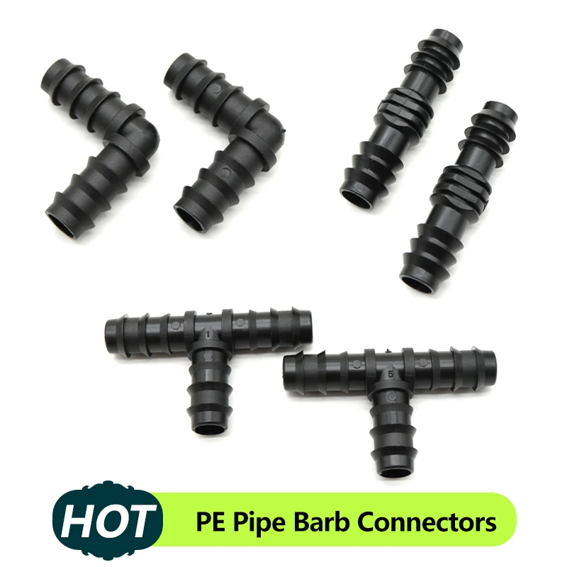 

5/10pcs PE Pipe Barb Connectors 16mm 20mm 25mm Tee Elbow Repair End Plug Garden Water Drip Irrigation Pipe Connector Joints