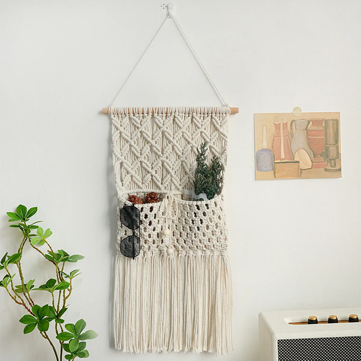 Handwoven Wall Hanging Tapestry Storage Decorative Net Pocket Bedroom Living Room Cotton Rope Decorations European Style