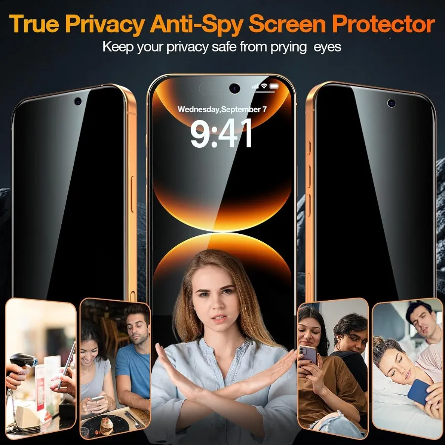 3 عبوات لهاتف iPhone 17 Pro Max واقي شاشة الخصوصية من الزجاج المقسى + مجموعة واحدة من واقي عدسة الكاميرا 25 ضد التجسس [Top 9H+ Military