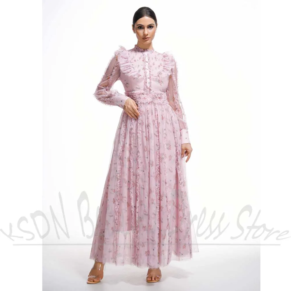 

Floral Womens Dresses Chic Long Sleeves Ankle Length Flowers Robe Fashion Seaside Vacation Birthday Party A-Line Long Dresses
