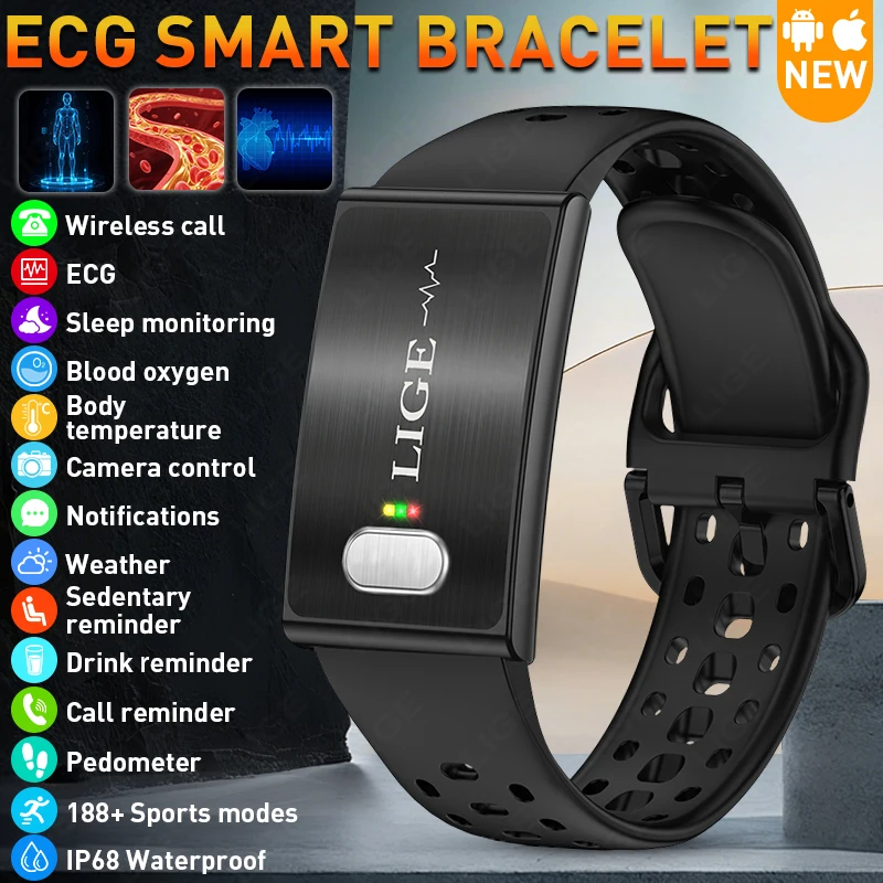 2026 LIGE New ECG Smart Bracelet Heart Rate Monitoring IP68 Waterproof Multifunctional 188+ Sport Modes Smartwatch for men women
