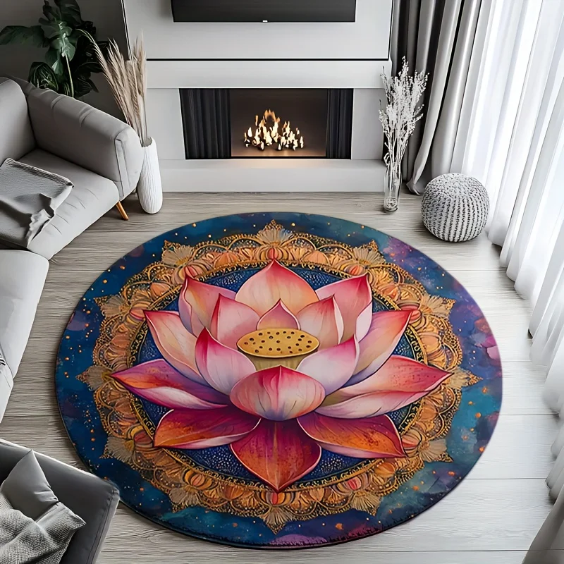 Lotus Mandala Art Round Rug Flannel Printed Carpet Boho Design Home Decor Cozy Soft Floor Mat Living Room Indoor Use