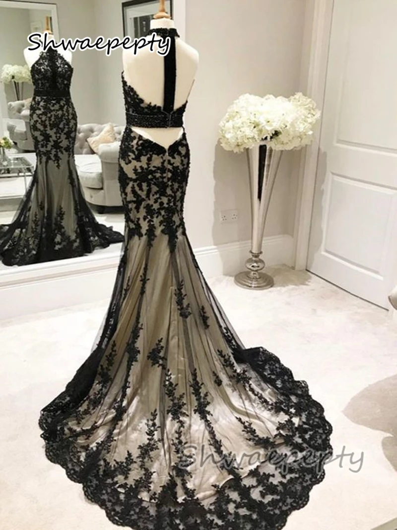 Personalizado preto renda praia vestido de casamento com halter pescoço aberto volta ilusão gótico vestido de noiva sem costas sexy novia