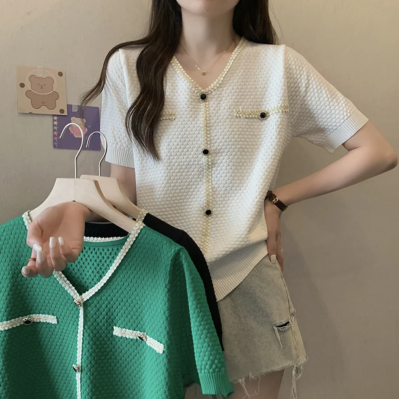 XL-4XL Large Size Thin Knitted Sweaters Women 2023 Summer V-neck Short-sleeve Oversize Tops Splicd Color Ice Silk Knit Jumpers