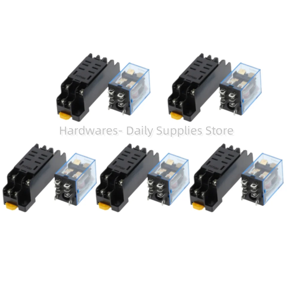 5Sets 220V 10A Coil Power Relay DPDT LY2NJ HH62P HHC68A-2Z With Socket Base