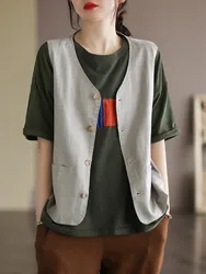 Women Summer Casual Vest Jackets New Arrival 2022 Vintage Style V-neck Solid Color Cotton Linen Female Sleeveless Coats B1821