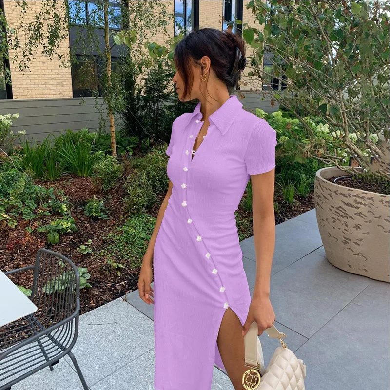 New women\'s temperament commuting shirt collar button slanted edge slit long dress solid color splicing