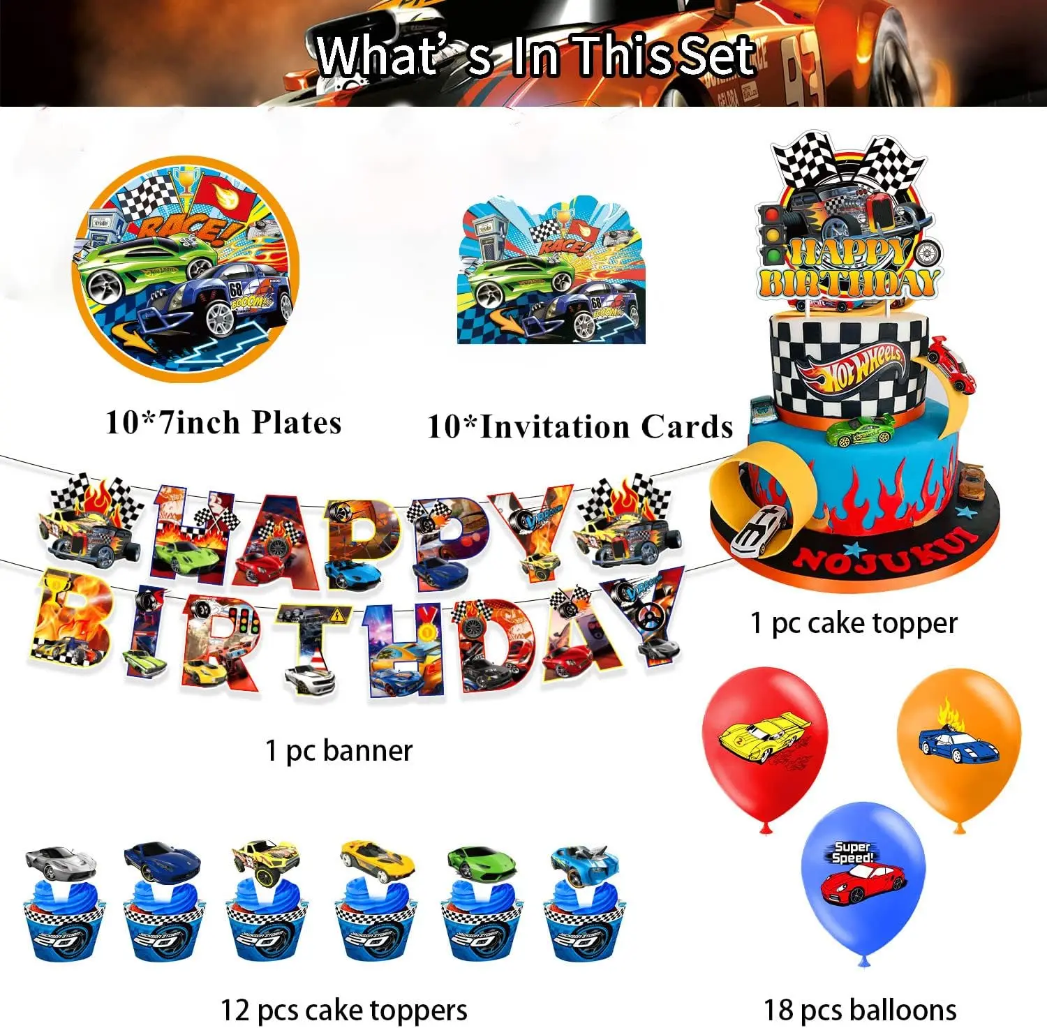 Hot Wheels Birthday Party Decorations Race Car Party Supplies Banner Balloons Plates Cake Cupcake Toppers Kids Birthday Party