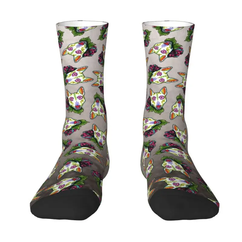 Bull Terrier Dress Socks Men Women Warm Fashion Novelty Day of the Dead Sugar Skull Dog Flowers Crew Socks